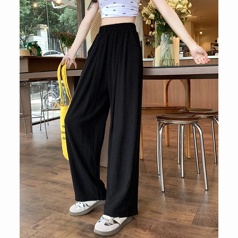 Pantalones de seda helada de colores dulces para mujer, holgados, versátiles, elásticos, de pierna recta, de cintura alta y pierna ancha, para verano
