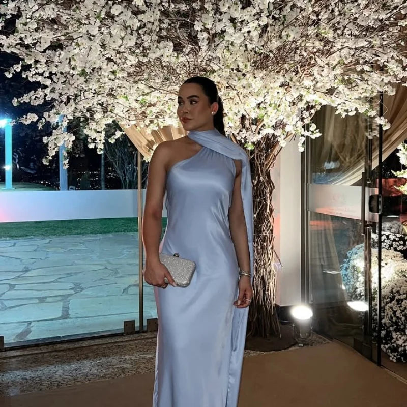 Vestido de fiesta sexy con lazo de satén para mujer, elegante, con cuello halter, espalda descubierta, hombros descubiertos, sin mangas, para mujer, verano 2024, bata lisa.