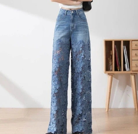 Pantalones vaqueros elásticos de talla grande para mujer con encaje recortado, pantalones anchos de cintura alta, elegantes y chic para verano.