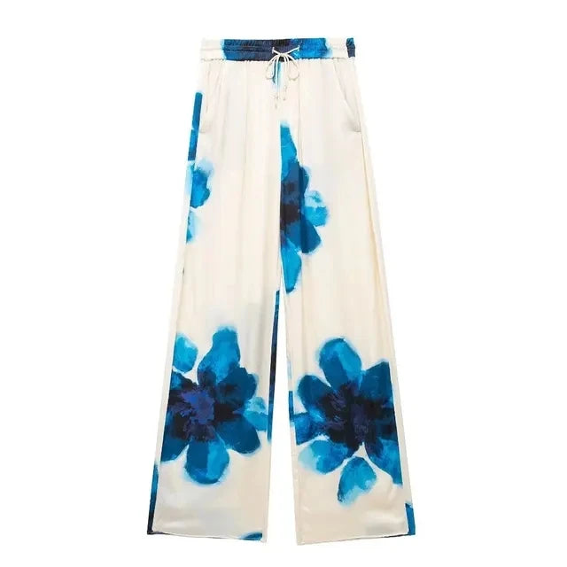 TRAFZA Pantalones largos de primavera para mujer, con estampado de flores verdes, cintura elástica y cordón ajustable, informales, de pierna ancha, estilo playero