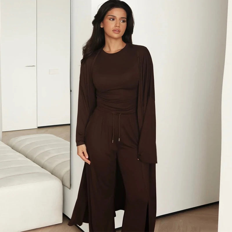Conjunto de camisa informal, abrigo y pantalón para mujer, camisa lisa con cuello redondo, abrigo largo holgado y pantalones de pierna ancha, moda de verano 2025 para mujer, conjunto de 3 piezas