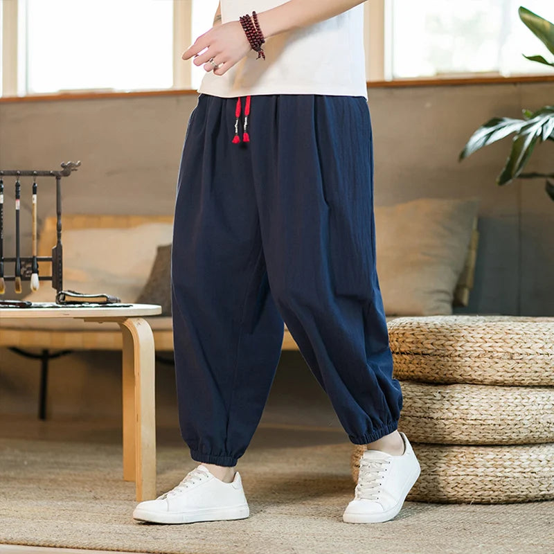 Pantalones de algodón y cáñamo para hombre, holgados, con cordón ajustable, estilo harén, estilo japonés, primavera y otoño, tallas M-5XL, 2024