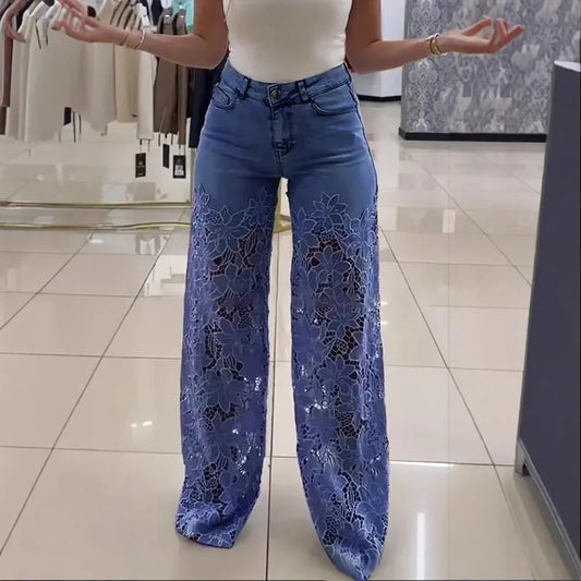 Plus Size Women's Stretch Denim Jeans With Cut-Out Lace Splicing Summer New High Waist Wide Pants Elegant Female Chic Trousers