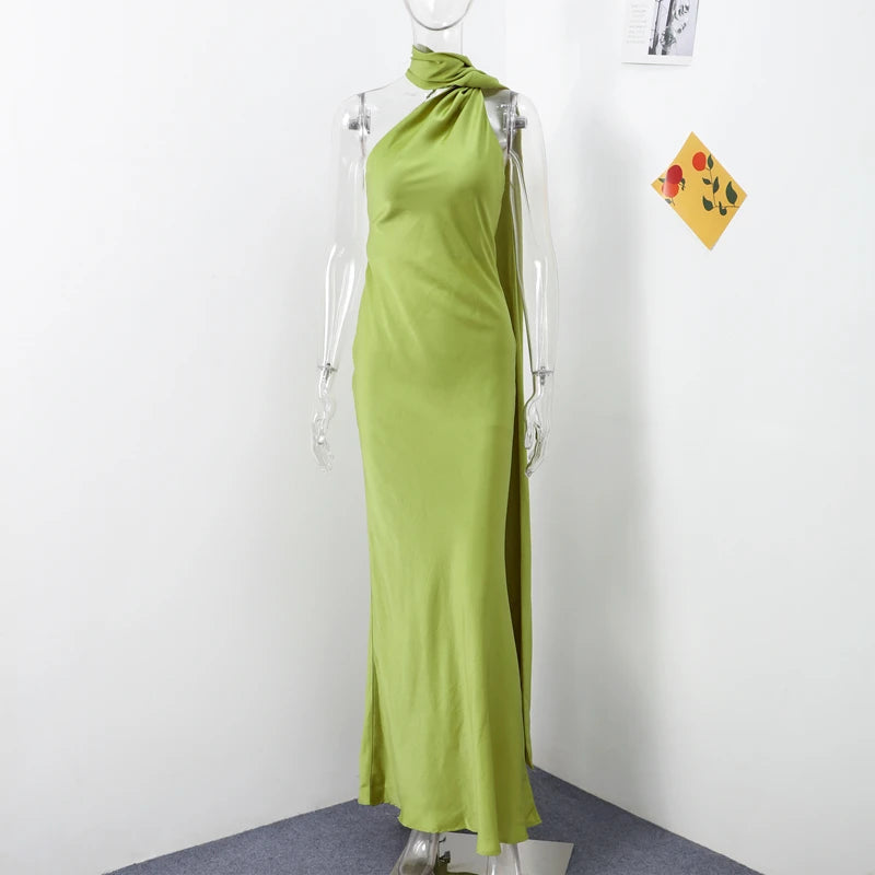 Vestido de fiesta sexy con lazo de satén para mujer, elegante, con cuello halter, espalda descubierta, hombros descubiertos, sin mangas, para mujer, verano 2024, bata lisa.