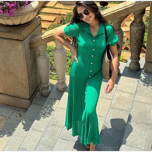 Chic Patchwork Knitted Maxi Dress For Women elegant Short Sleeve Hollow Out Ribbed Long Dresses O-Neck High Waist Lady Knitwear