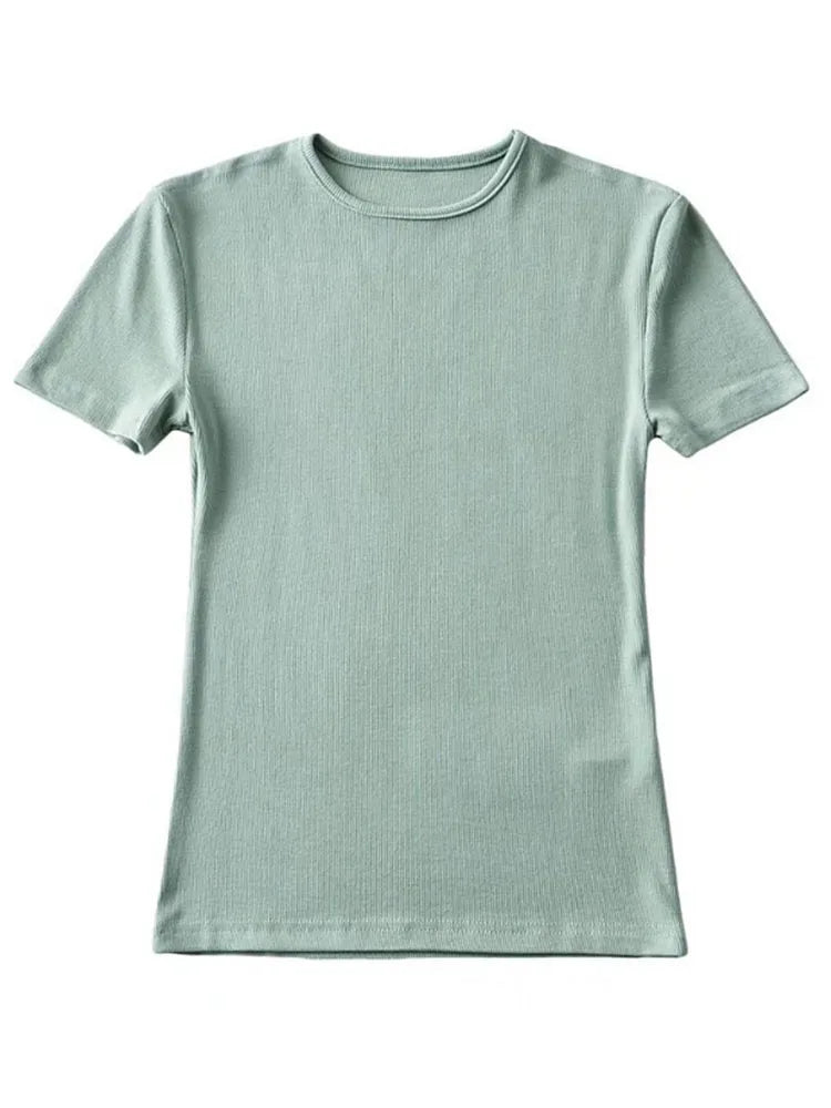 Camiseta informal de verano para mujer, ajustada, de manga corta, con cuello redondo, básica, lisa, corta