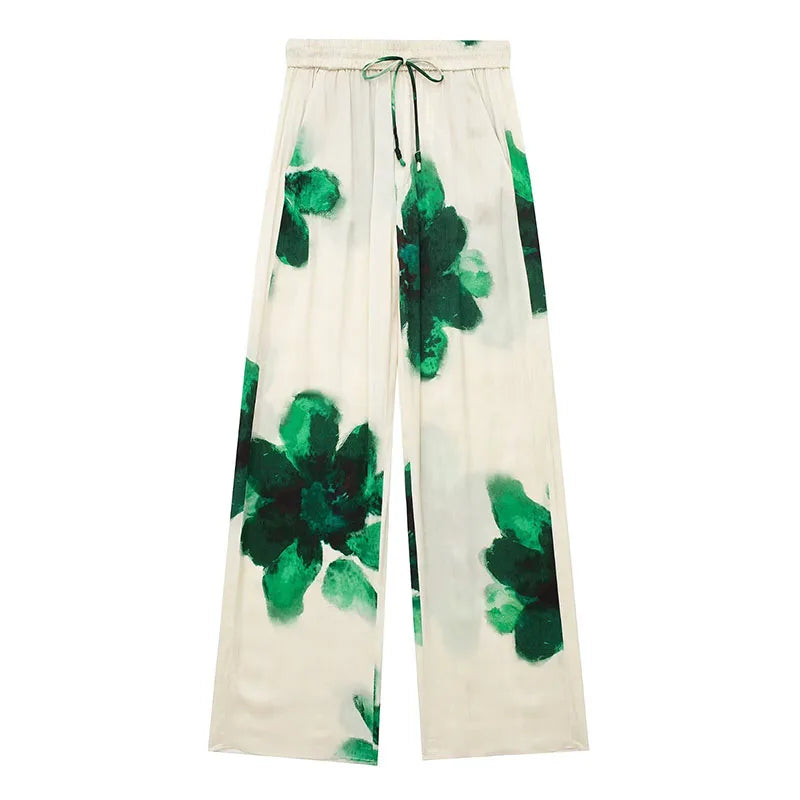 TRAFZA Pantalones largos de primavera para mujer, con estampado de flores verdes, cintura elástica y cordón ajustable, informales, de pierna ancha, estilo playero