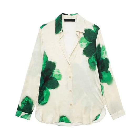 TRAFZA Spring Woman Fashion Long Pants Green Printed Flower Elastic Waist Drawstring Casual Female Wide Leg Pants Beach Style