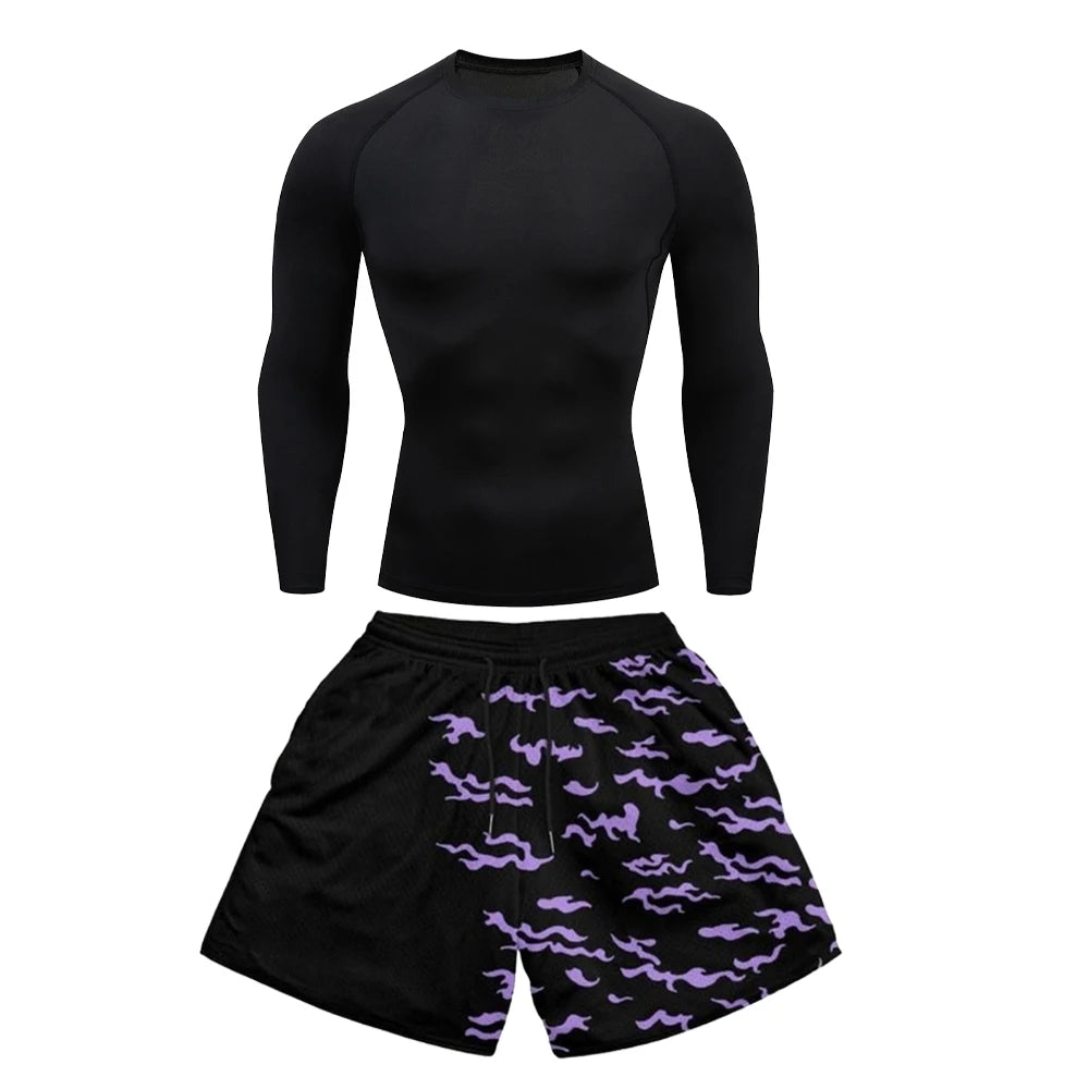 Conjunto deportivo de compresión de anime para hombre, 2 piezas, camiseta de compresión gótica de secado rápido + pantalones cortos de gimnasio Harajuku 2 en 1 de verano