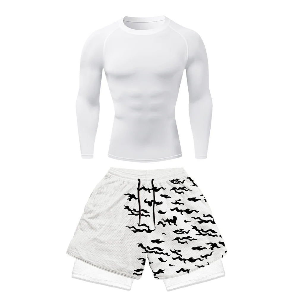 Conjunto deportivo de compresión de anime para hombre, 2 piezas, camiseta de compresión gótica de secado rápido + pantalones cortos de gimnasio Harajuku 2 en 1 de verano