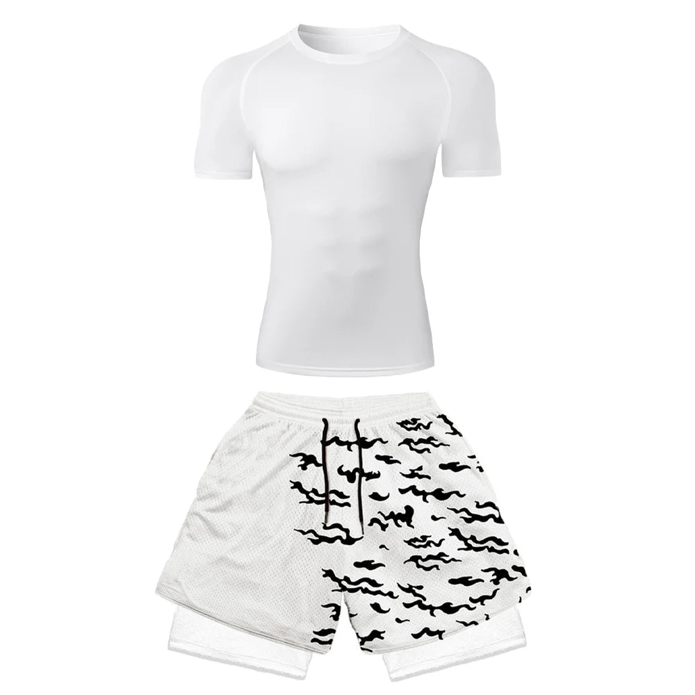 Conjunto deportivo de compresión de anime para hombre, 2 piezas, camiseta de compresión gótica de secado rápido + pantalones cortos de gimnasio Harajuku 2 en 1 de verano