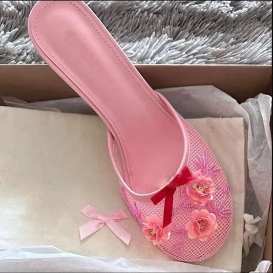 Fashion mesh floral women slides sexy thin heel slip on sandals