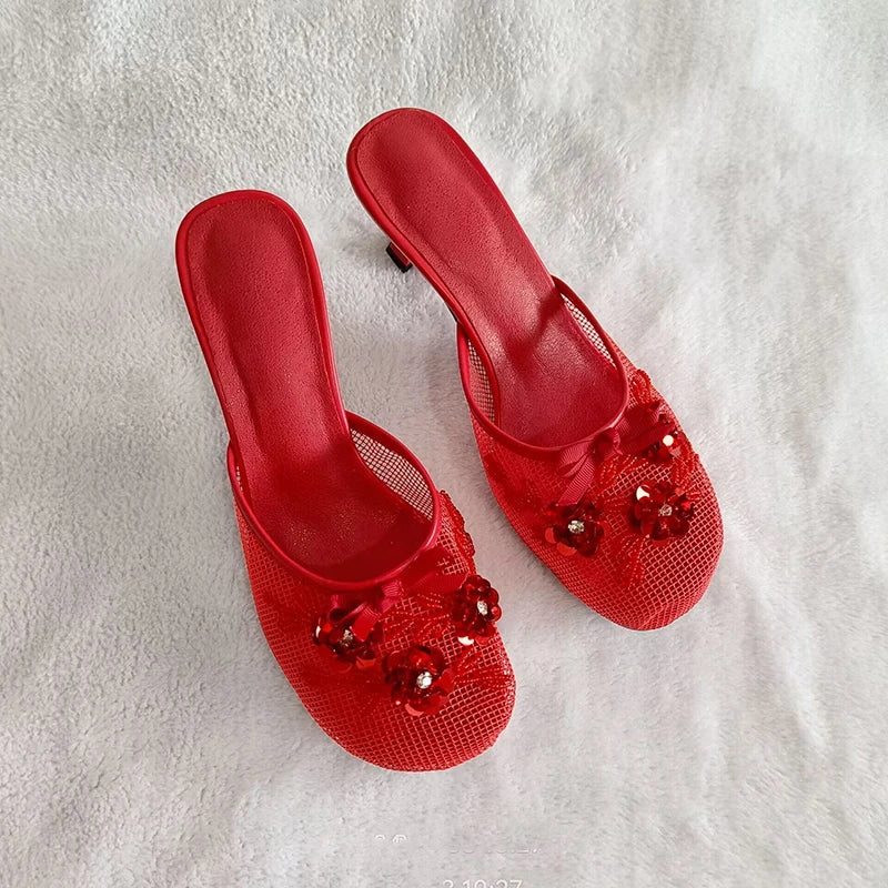 Sandalias de malla con estampado floral para mujer, con tacón fino y sexy, sin cordones