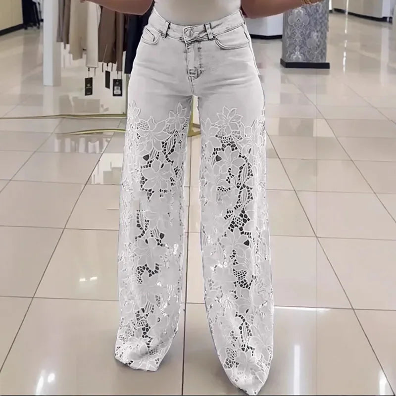 Pantalones vaqueros elásticos de talla grande para mujer con encaje recortado, pantalones anchos de cintura alta, elegantes y chic para verano.