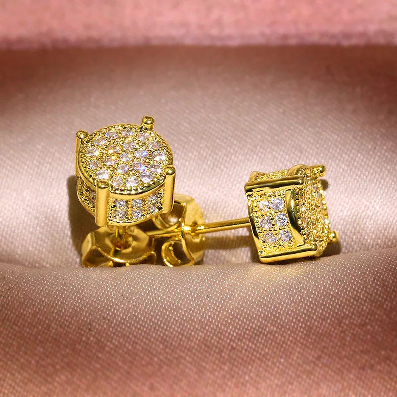 Luxury Full Crystal Round Earrings White Gold Yellow Gold Color White Zircon Stone Wedding Stud Earrings For Women Men Jewelry
