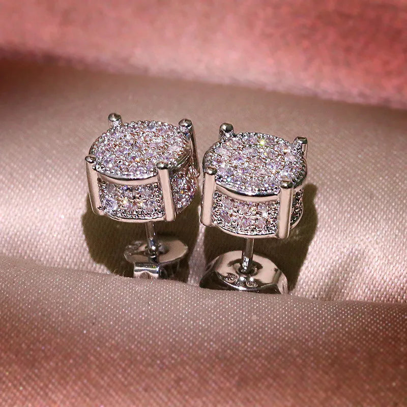 Luxury Full Crystal Round Earrings White Gold Yellow Gold Color White Zircon Stone Wedding Stud Earrings For Women Men Jewelry