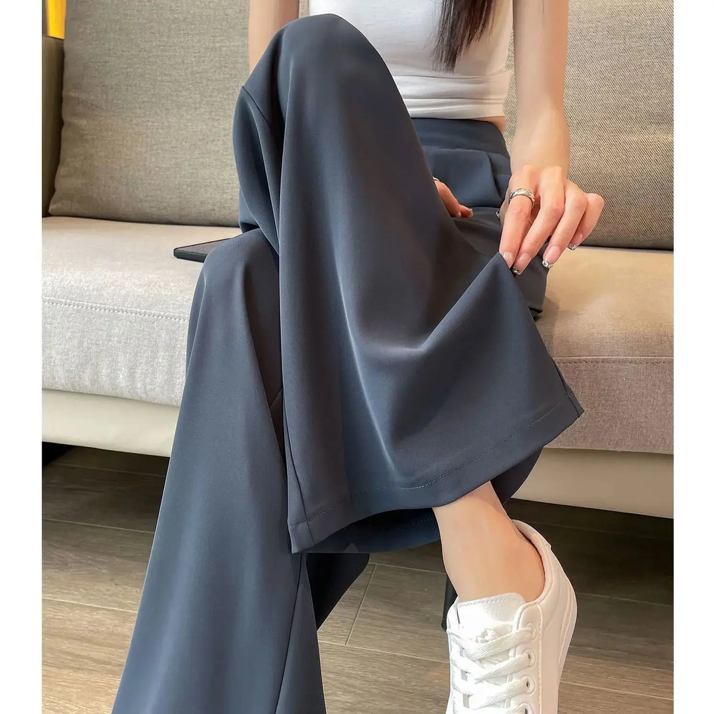 Pantalones casuales para mujer, traje negro con colgante de alto sentido, pierna ancha, cintura alta, pierna recta, pantalones sueltos para mujer