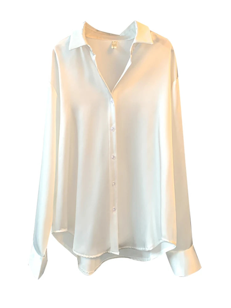 Blusa de manga larga para mujer, estilo oficina, otoño 2023, de satén, elegante, estilo coreano, de diseñador de lujo. 