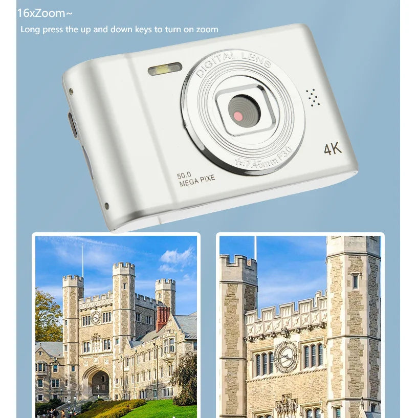 Cámara digital 4K para viajes, selfies, zoom de 50 megapíxeles, fotografía HD, pantalla de 2,4 pulgadas, nivel básico, para niños, campus, minicámara retro 