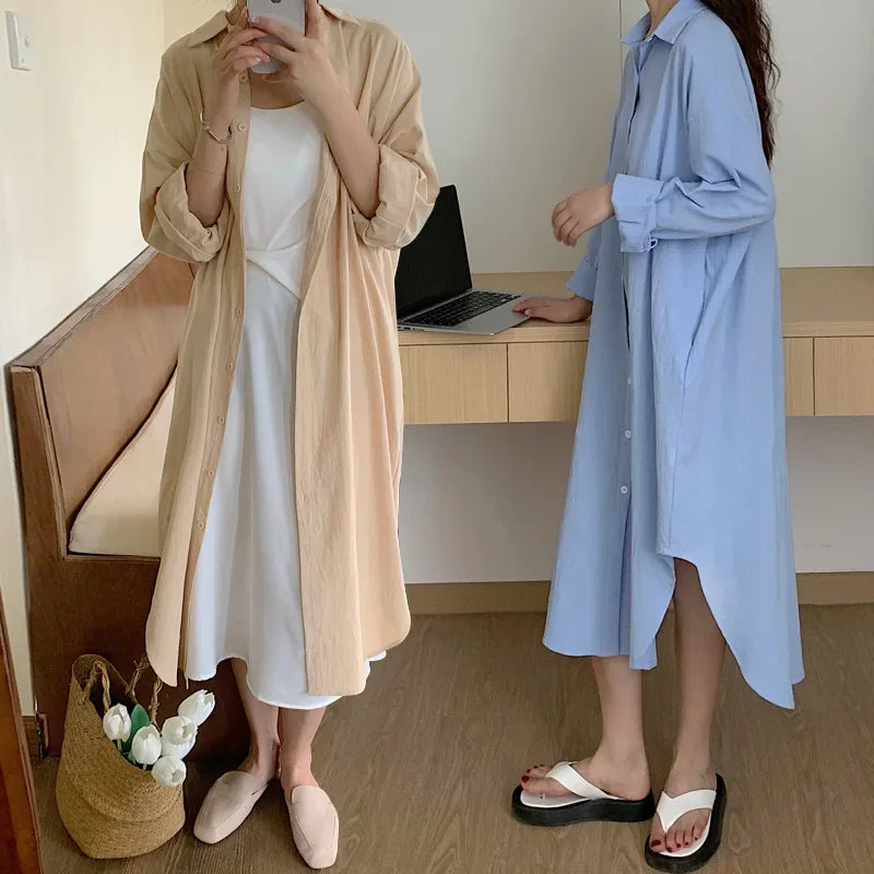 TFETTERS-Vestidos largos de camisa para mujer Camisa de manga larga suelta informal X-Long Hasta la rodilla Abrigo abotonado Ropa de moda coreana 