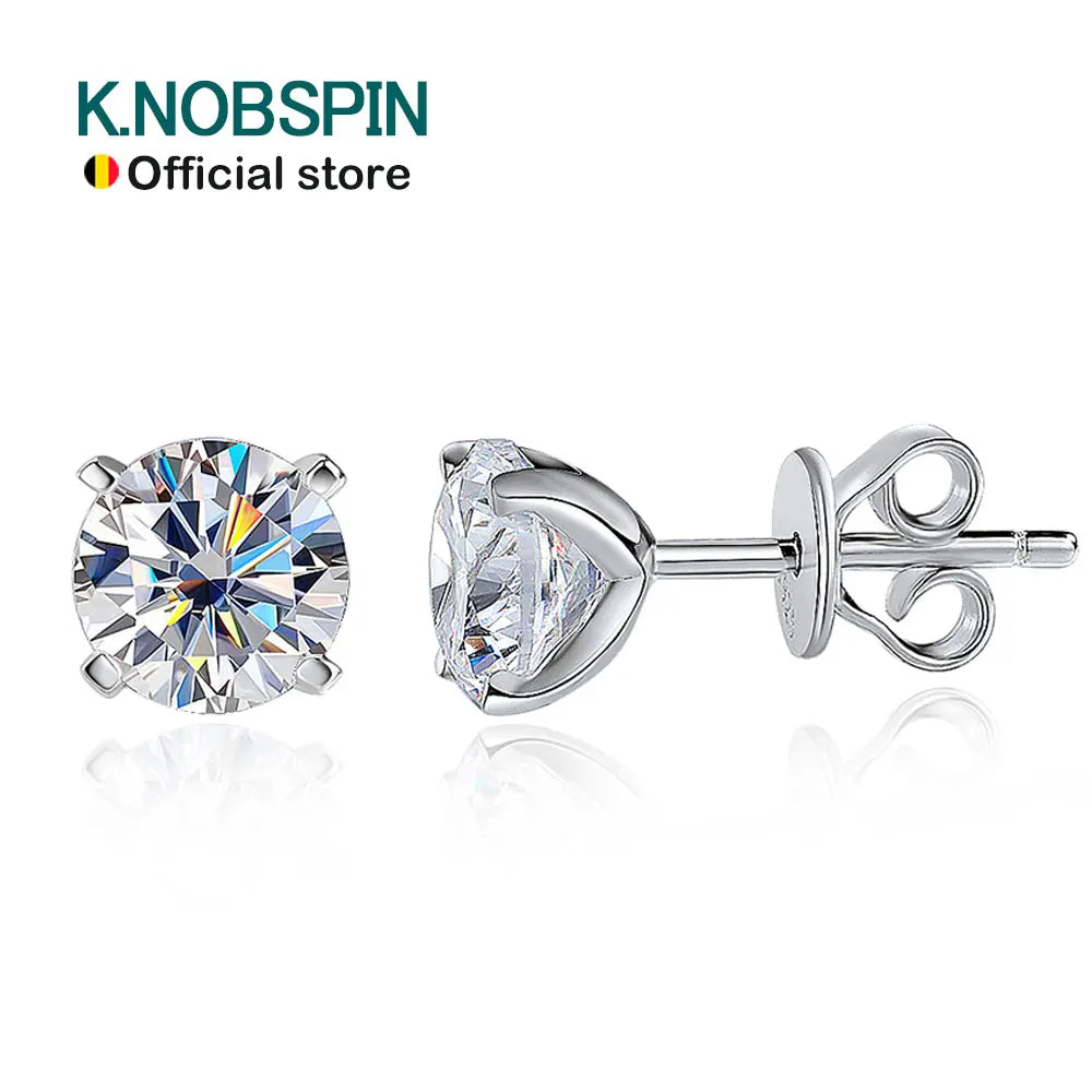 KNOBSPIN Moissanite Earring 0.2-2ct D VVS1 GRA Certified Lab Diamond 4 Claw s925 Sterling Silver Stud Earrings for Women Man