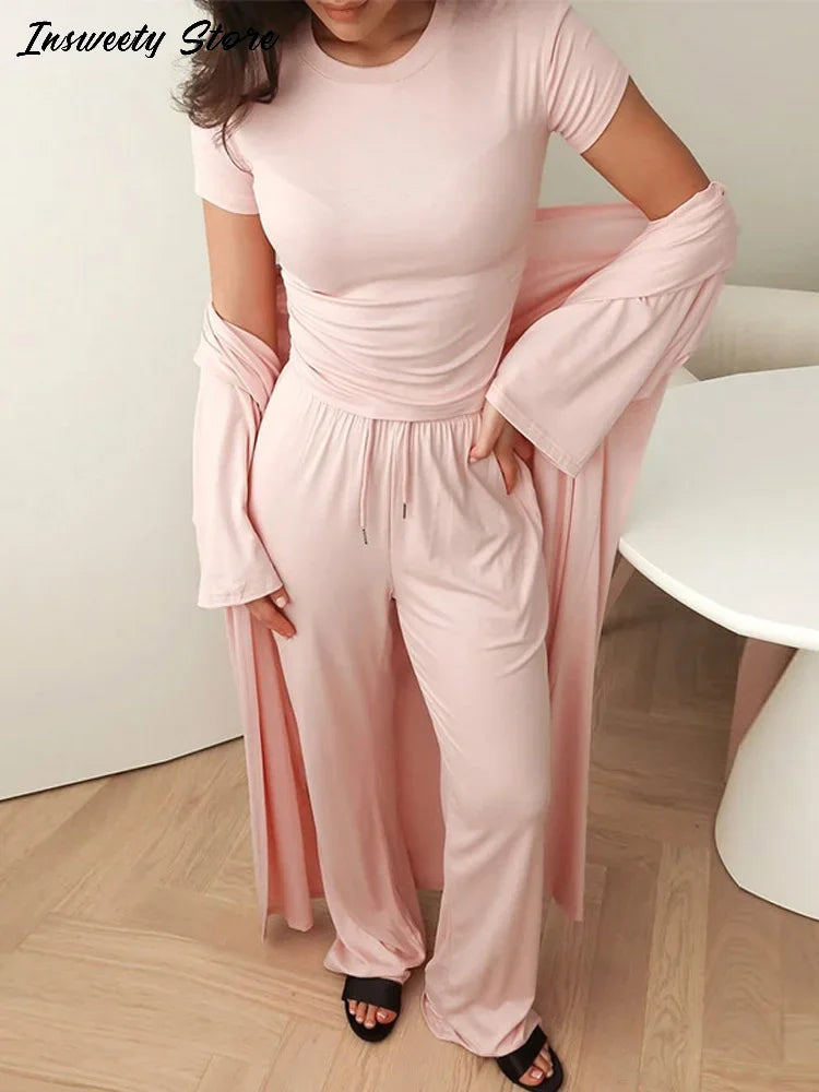 Conjunto de camisa informal, abrigo y pantalón para mujer, camisa lisa con cuello redondo, abrigo largo holgado y pantalones de pierna ancha, moda de verano 2025 para mujer, conjunto de 3 piezas 