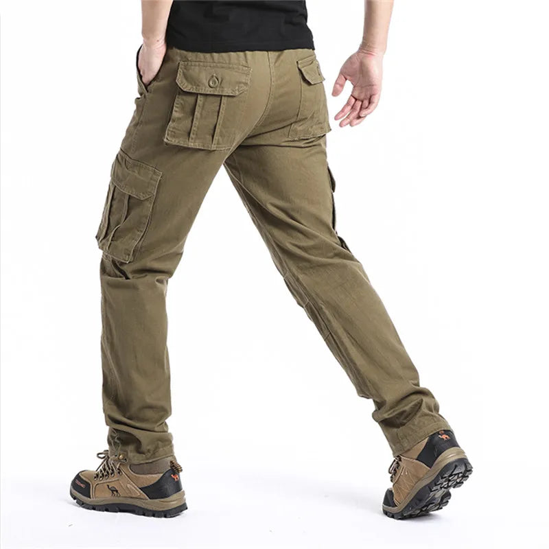 Monos holgados con bolsillos grandes para hombre, pantalones tácticos para correr deportes al aire libre, cintura elástica, pantalones de trabajo informales de algodón puro 