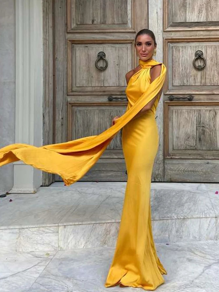 Vestido de fiesta sexy con lazo de satén para mujer, elegante, con cuello halter, espalda descubierta, hombros descubiertos, sin mangas, para mujer, verano 2024, bata lisa. 