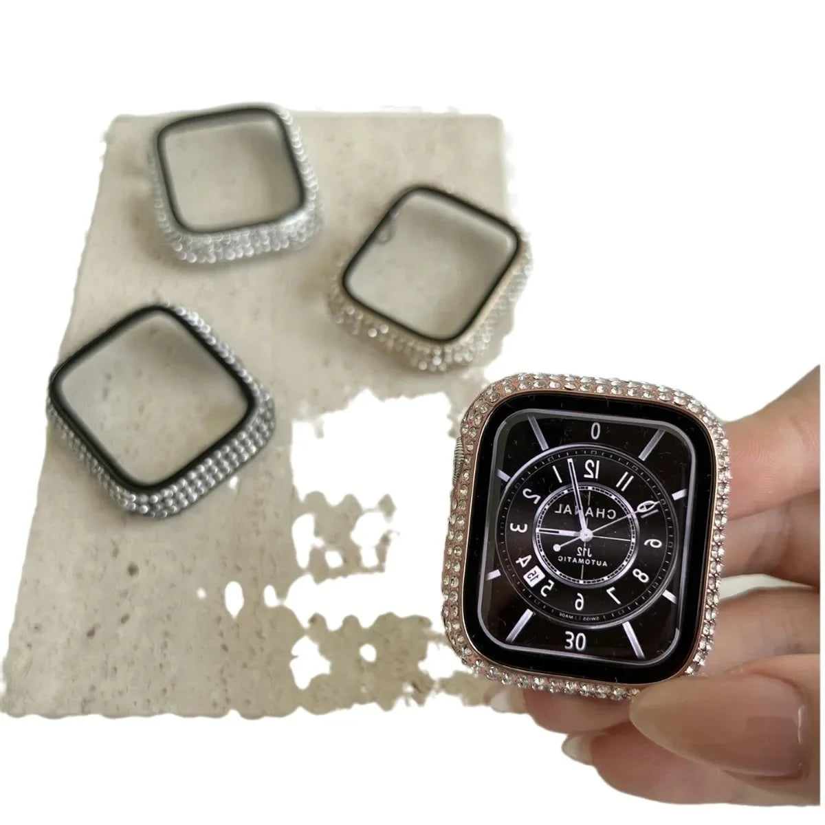 Protector de pantalla de cristal templado con decoración de diamantes de imitación para Apple Watch de 38/40/41/42/44/45/46 mm, serie SE/10/9/8/7/6/5/4/3/2 