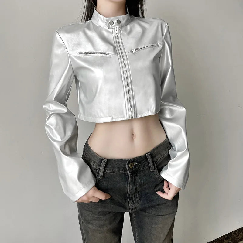 Chaqueta corta con cremallera y cuello alto plateado versátil con ombligo descubierto y corte entallado para chica de calle picante 