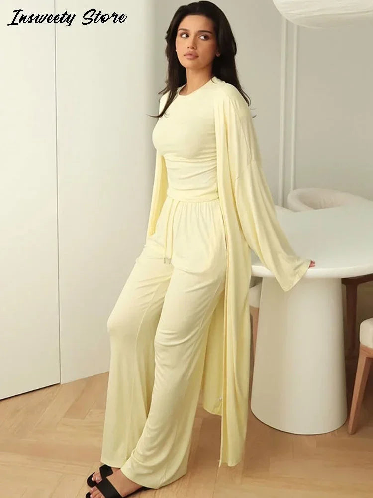 Conjunto de camisa informal, abrigo y pantalón para mujer, camisa lisa con cuello redondo, abrigo largo holgado y pantalones de pierna ancha, moda de verano 2025 para mujer, conjunto de 3 piezas 