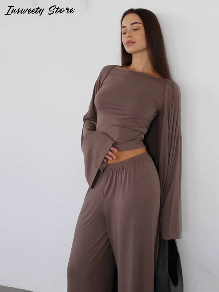 Conjunto de camisa informal, abrigo y pantalón para mujer, camisa lisa con cuello redondo, abrigo largo holgado y pantalones de pierna ancha, moda de verano 2025 para mujer, conjunto de 3 piezas 