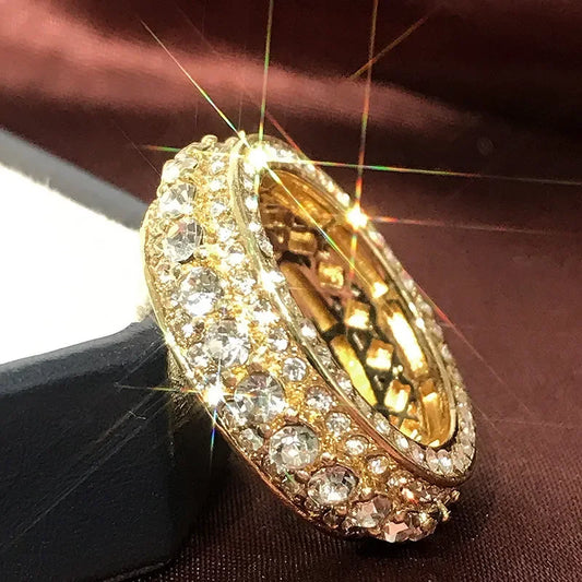 14 k Gold color Gold Full Diamond Round Ring for Women Men Wedding Engagement Party Accessories Gift Jewelry Rings 2021 Trend
