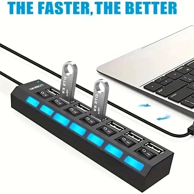 Adaptador HUB USB 2.0 de alta velocidad de 4/7 puertos, expansor, divisor USB múltiple, extensor múltiple con interruptor de lámpara LED para PC y portátil. 