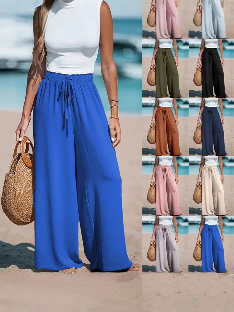 Pantalones casuales holgados con cordón y pierna ancha para mujer, de moda, para las cuatro estaciones, 2025 