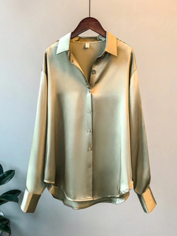 Blusa de manga larga para mujer, estilo oficina, otoño 2023, de satén, elegante, estilo coreano, de diseñador de lujo. 