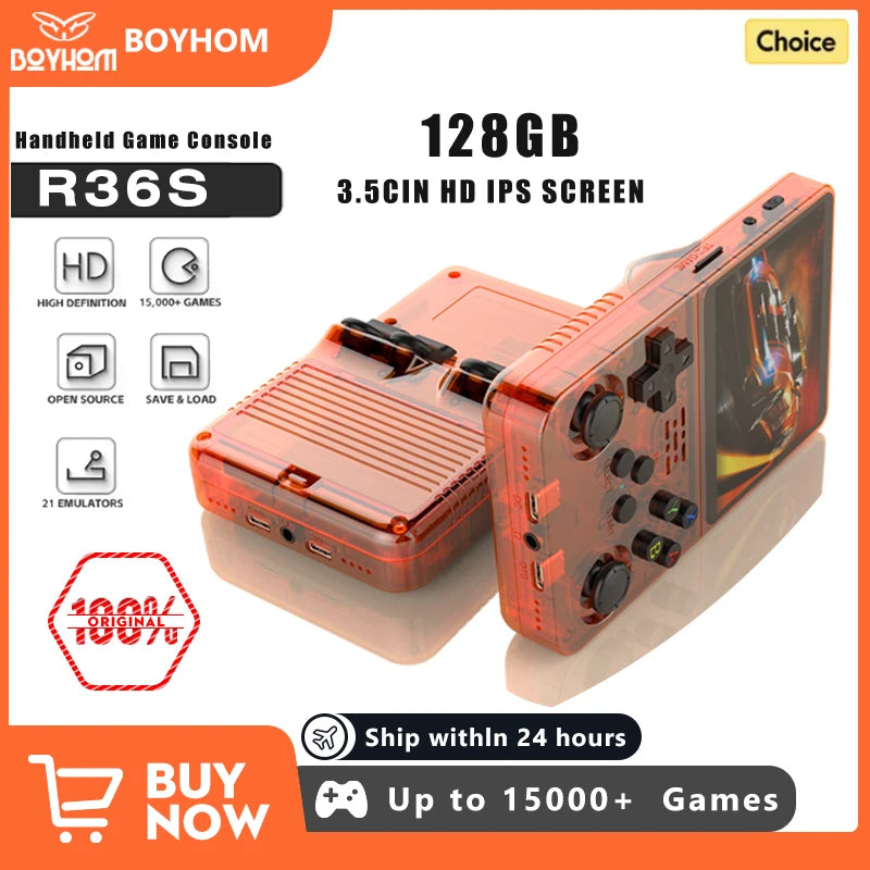 Consola de videojuegos R36S de código abierto de 128 GB, sistema Linux, pantalla IPS de 3,5 pulgadas, reproductor de vídeo portátil de bolsillo naranja, 64 GB, los mejores juegos 