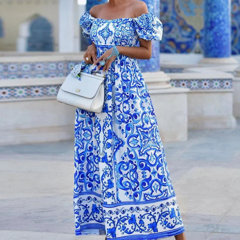 Vestido largo bohemio de verano con estampado de bambú, plisado, sin espalda, con hombros descubiertos y mangas abullonadas para fiesta 
