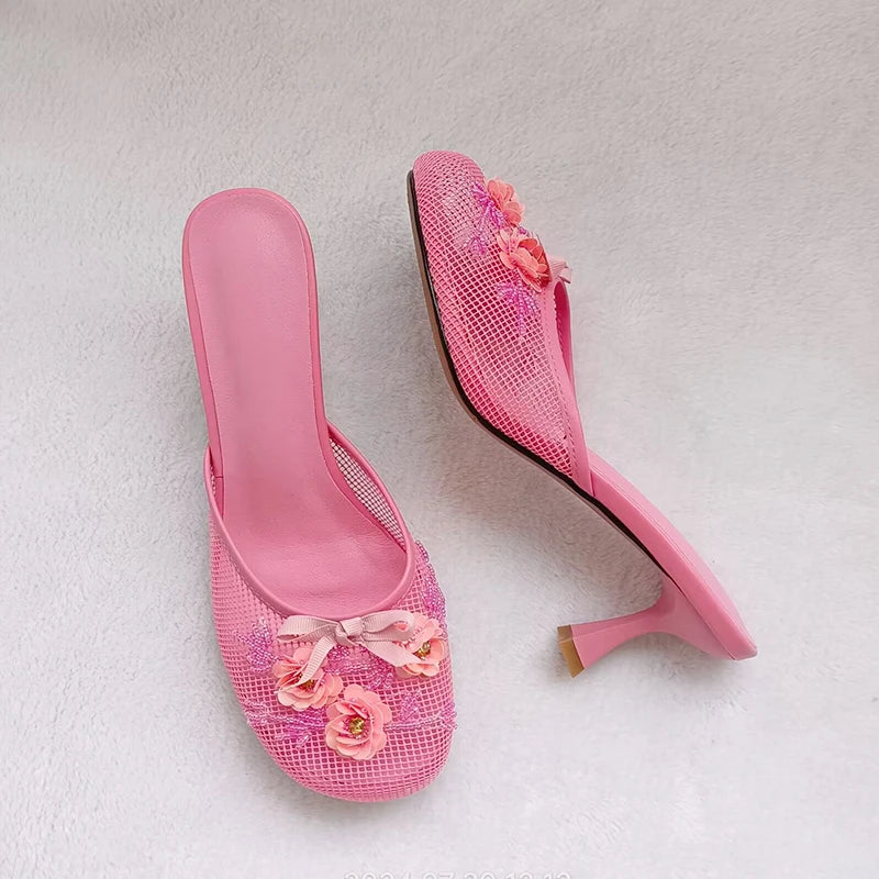 Sandalias de malla con estampado floral para mujer, con tacón fino y sexy, sin cordones 