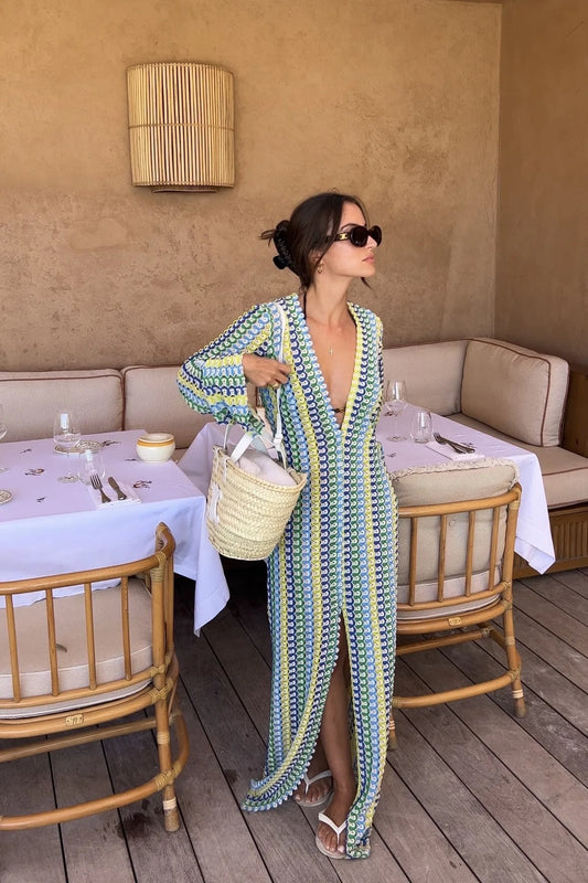Vestido largo de crochet con rayas de colores para mujer, con mangas acampanadas, escote en V, abertura alta, sexy, para banquetes de playa y otoño 2023 