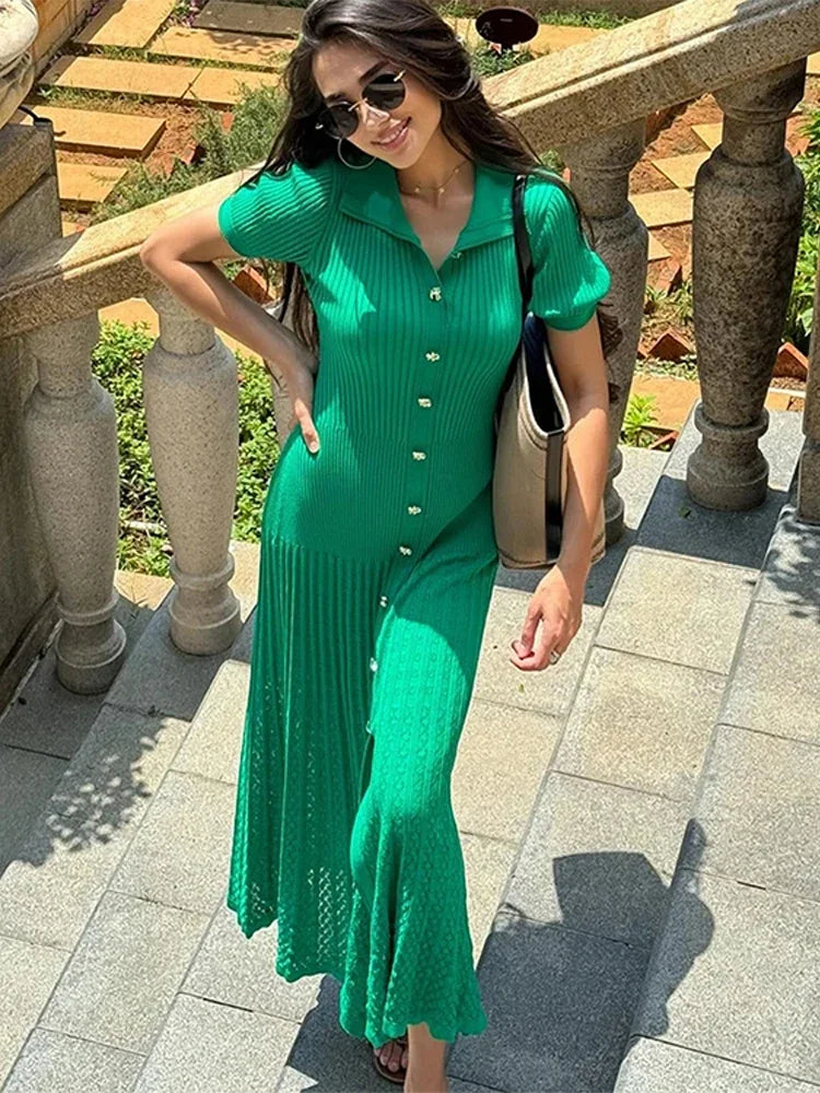 Vestido largo elegante de punto con patchwork para mujer, elegante vestido largo de manga corta con aberturas y canalé, cuello redondo, cintura alta, tejido de punto para mujer 