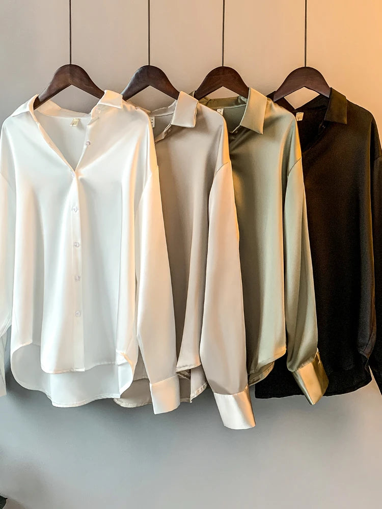 Blusa de manga larga para mujer, estilo oficina, otoño 2023, de satén, elegante, estilo coreano, de diseñador de lujo. 