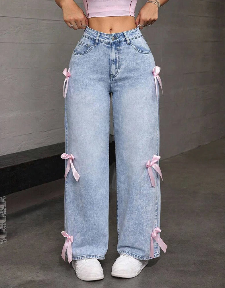 Pantalones vaqueros de pierna ancha para mujer, lavados con lazo, cintura alta, estilo urbano, desgastados, vintage, rectos, hasta los tobillos, 2025 