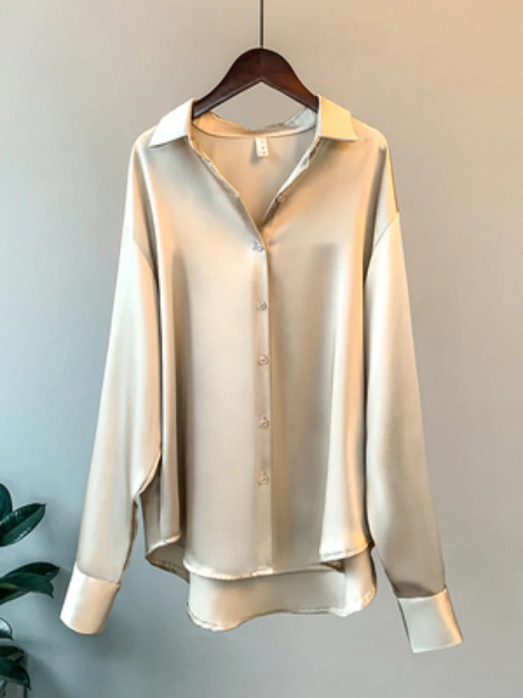 Blusa de manga larga para mujer, estilo oficina, otoño 2023, de satén, elegante, estilo coreano, de diseñador de lujo. 