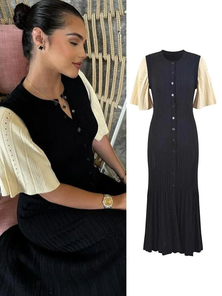 Vestido largo elegante de punto con patchwork para mujer, elegante vestido largo de manga corta con aberturas y canalé, cuello redondo, cintura alta, tejido de punto para mujer 