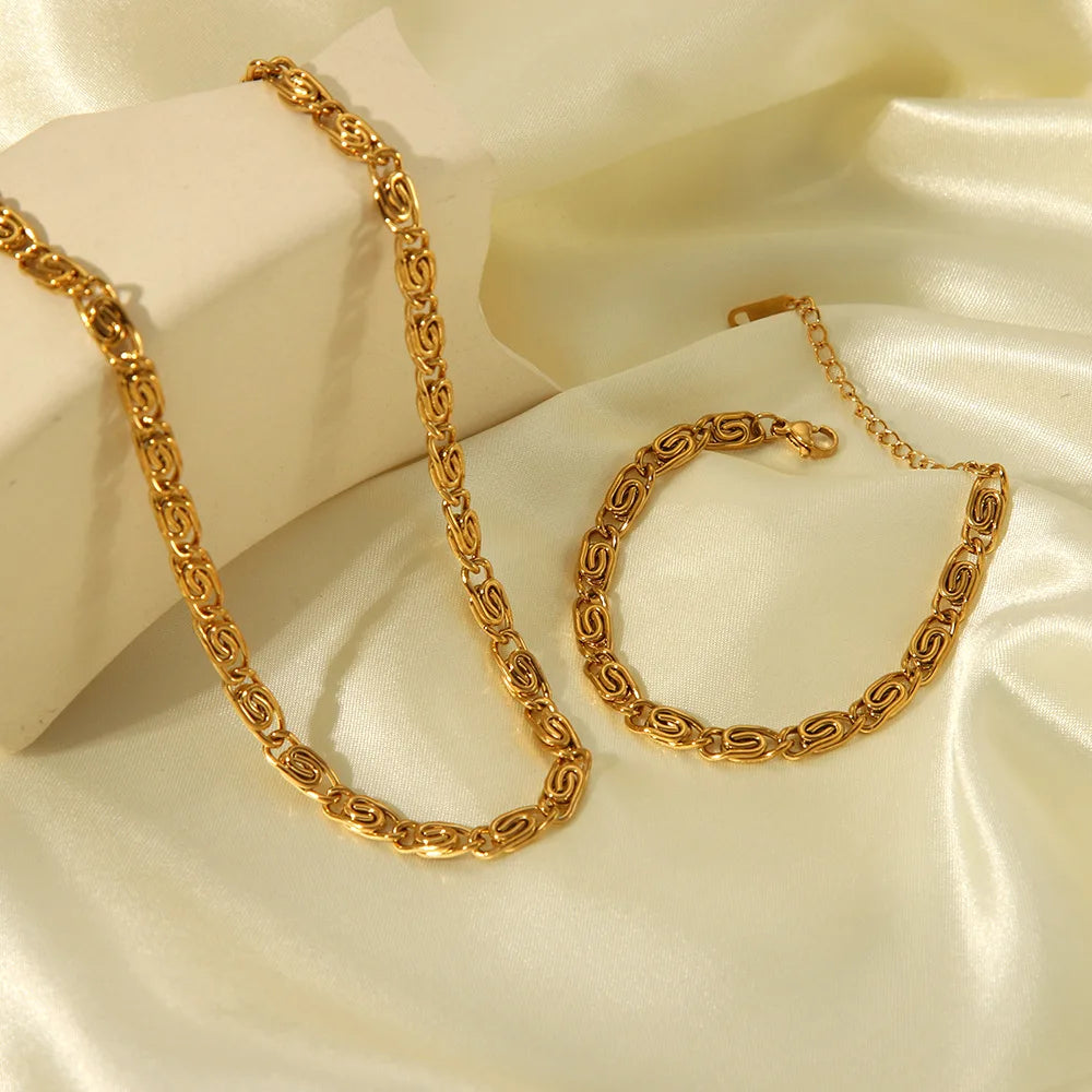 Stainless Steel Geometric Circle Grain Neckalces Bracelet Jewelry Set For Women Gold Color Metal 18 K Plated Collar