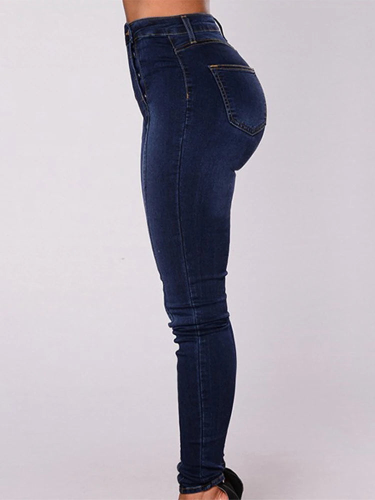 Pantalones vaqueros elásticos sexys para mujer, de cintura alta, con doble botonadura, ajustados, con cintura elástica, ajustados y a la moda.