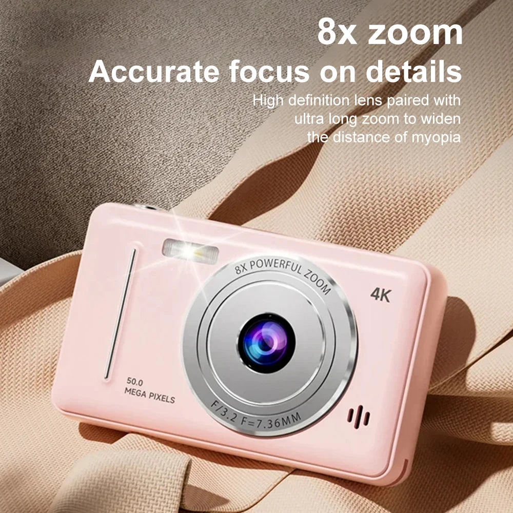 Cámara digital 4K de 50 MP HD para fotografía, viajes, selfies, para niños, con zoom 8x, videocámara compacta, cámara pequeña de bolsillo para estudiantes. 