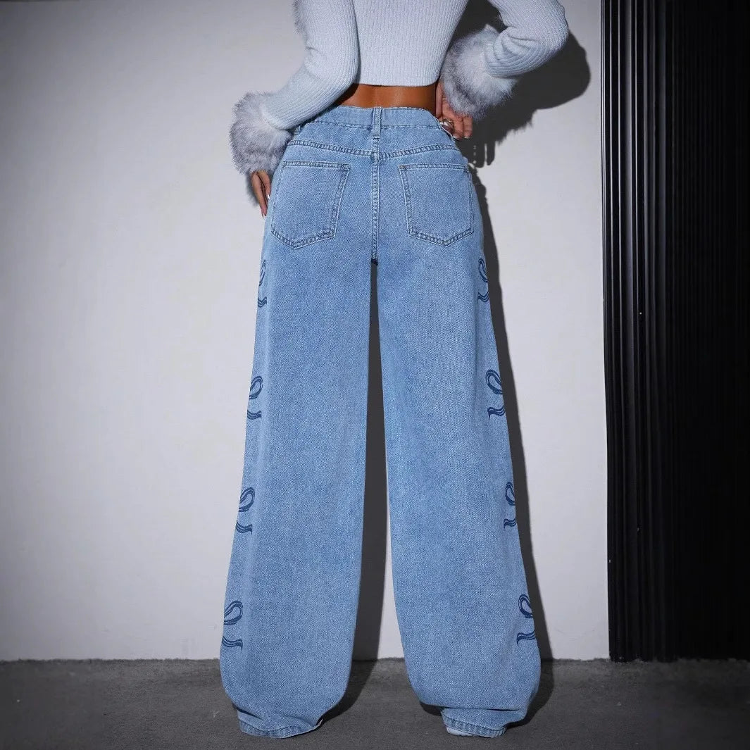Pantalones de pierna ancha para mujer, vaqueros con estampado de lazo, cintura alta, lavados, desgastados, rectos, vaqueros vintage, largos hasta el suelo, ropa de calle 