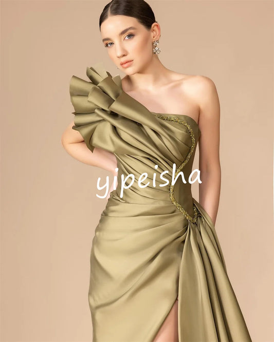 Vestido de fiesta largo de un solo hombro con pliegues de estilo moderno personalizado, de alta calidad, sexy y brillante, tallas disponibles Intr 